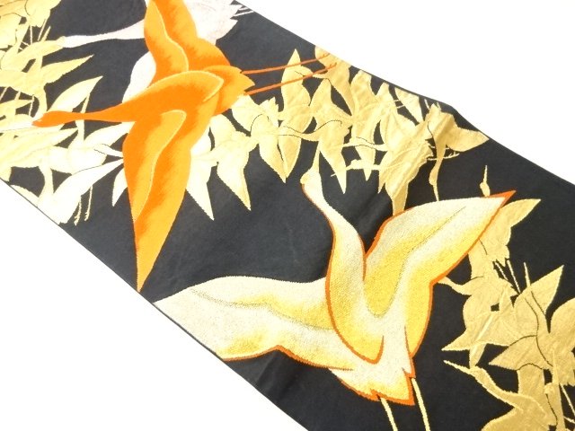 JAPANESE KIMONO / ANTIQUE GROUP OF CRANES PATTERN WOVEN FUKURO OBI (WE